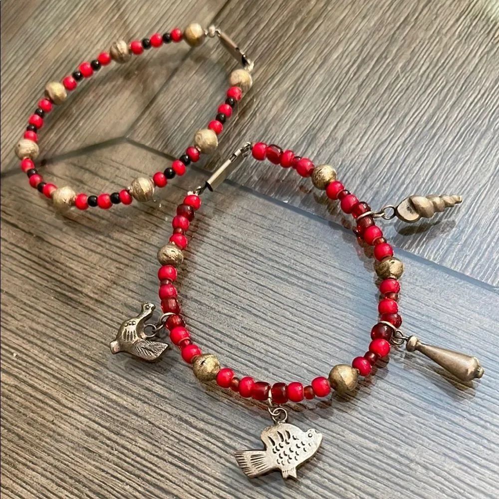 Peruvian - Mexican - Red and Silver Beaded Bracelets with Charms Chicken & Fish